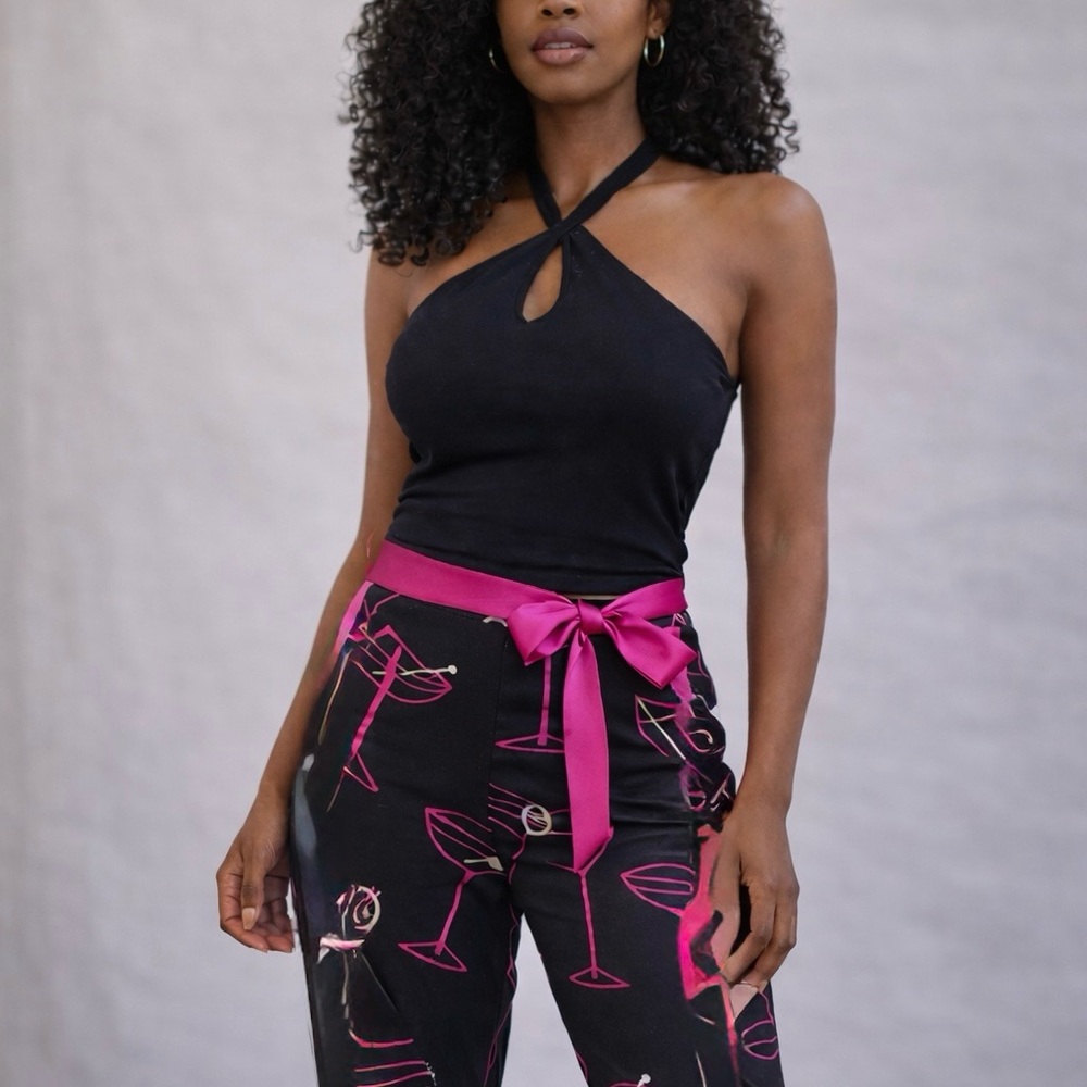 Randi M Pink & Black Martini Print Pants | Stretch Skinny Pants with Satin Trim